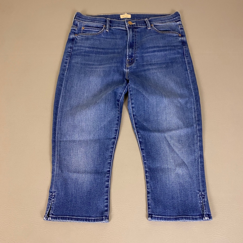 Mother The Stunner Zip Bunny Snip Jeans 31 Crop Blue Connect The Dots Step Hem